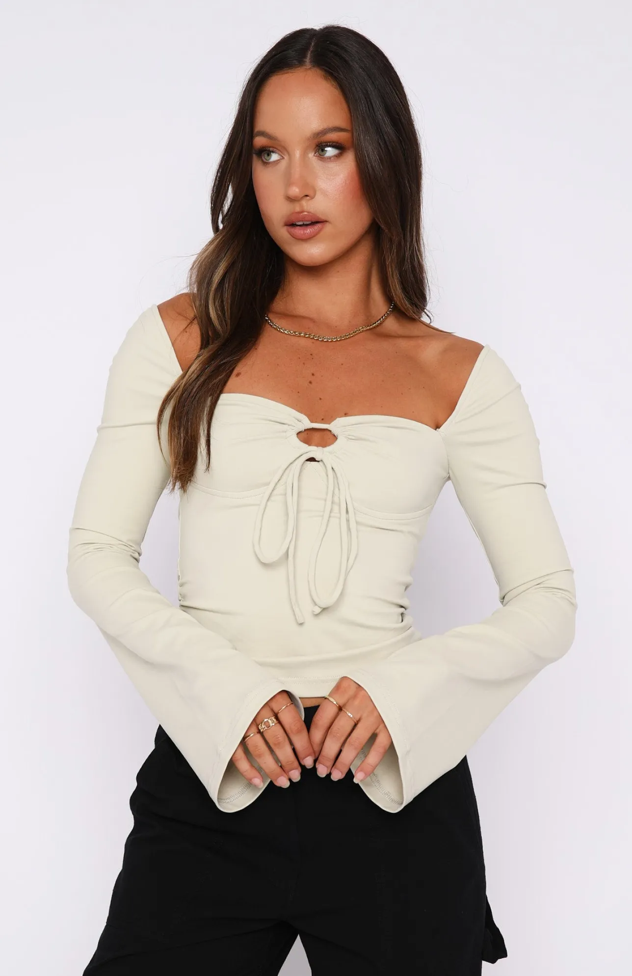 White Fox Boutique Spending Spree Long Sleeve Top Stone nude Clearance