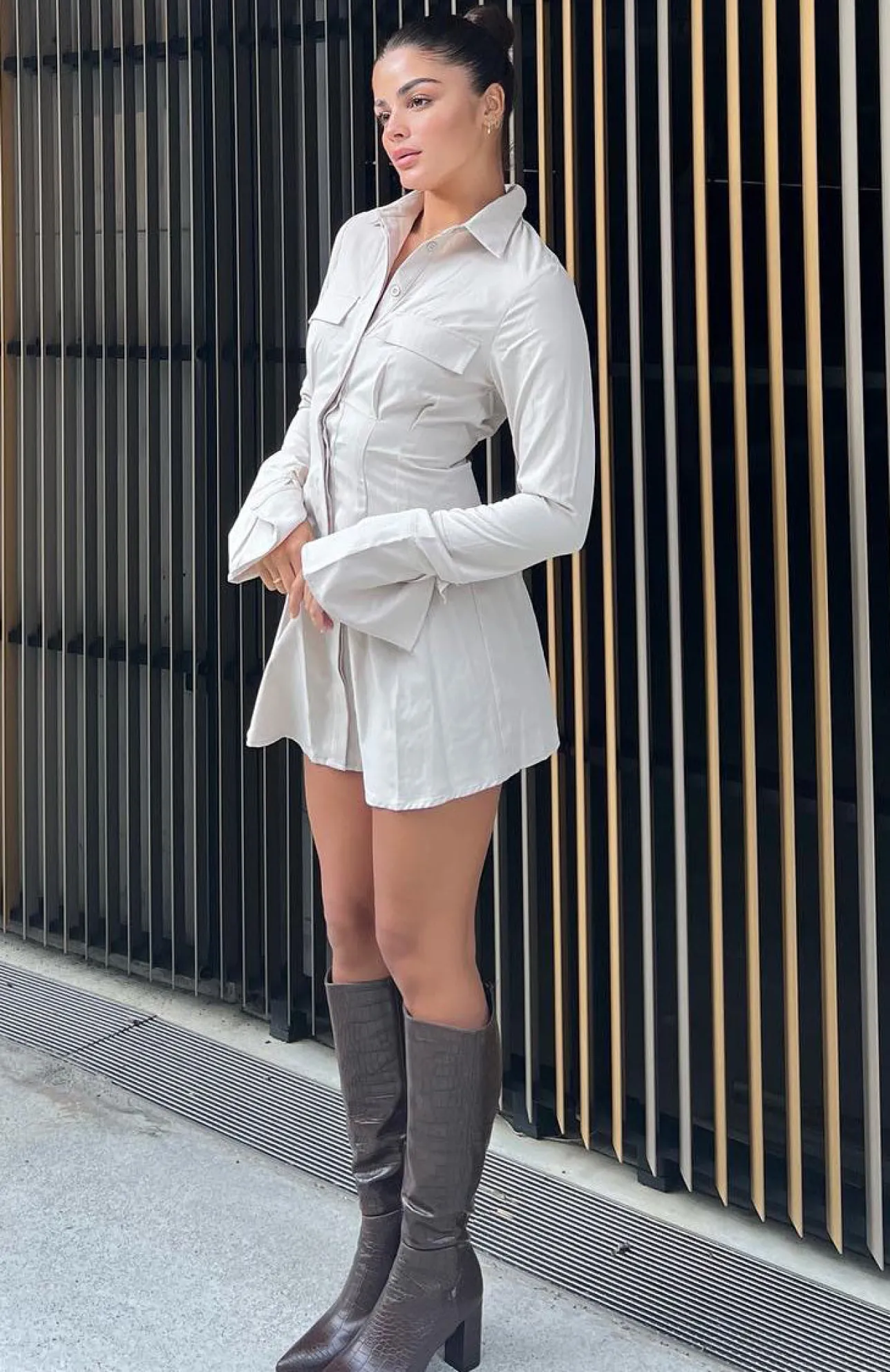 White Fox Boutique Stay The Night Long Sleeve Mini Dress Taupe grey Shop