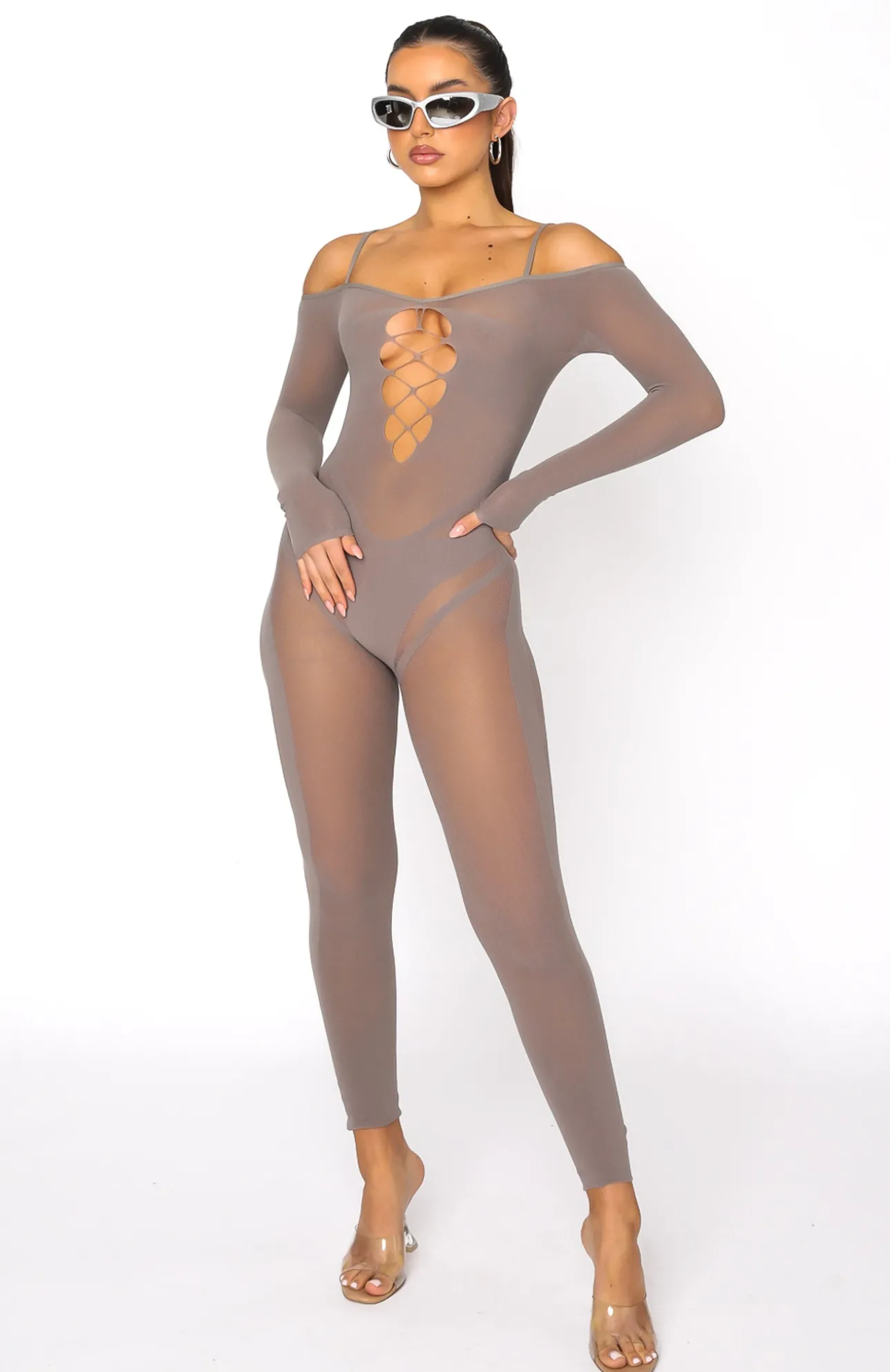White Fox Boutique Staying Snatched Long Sleeve Jumpsuit Mushroom brown Fashion