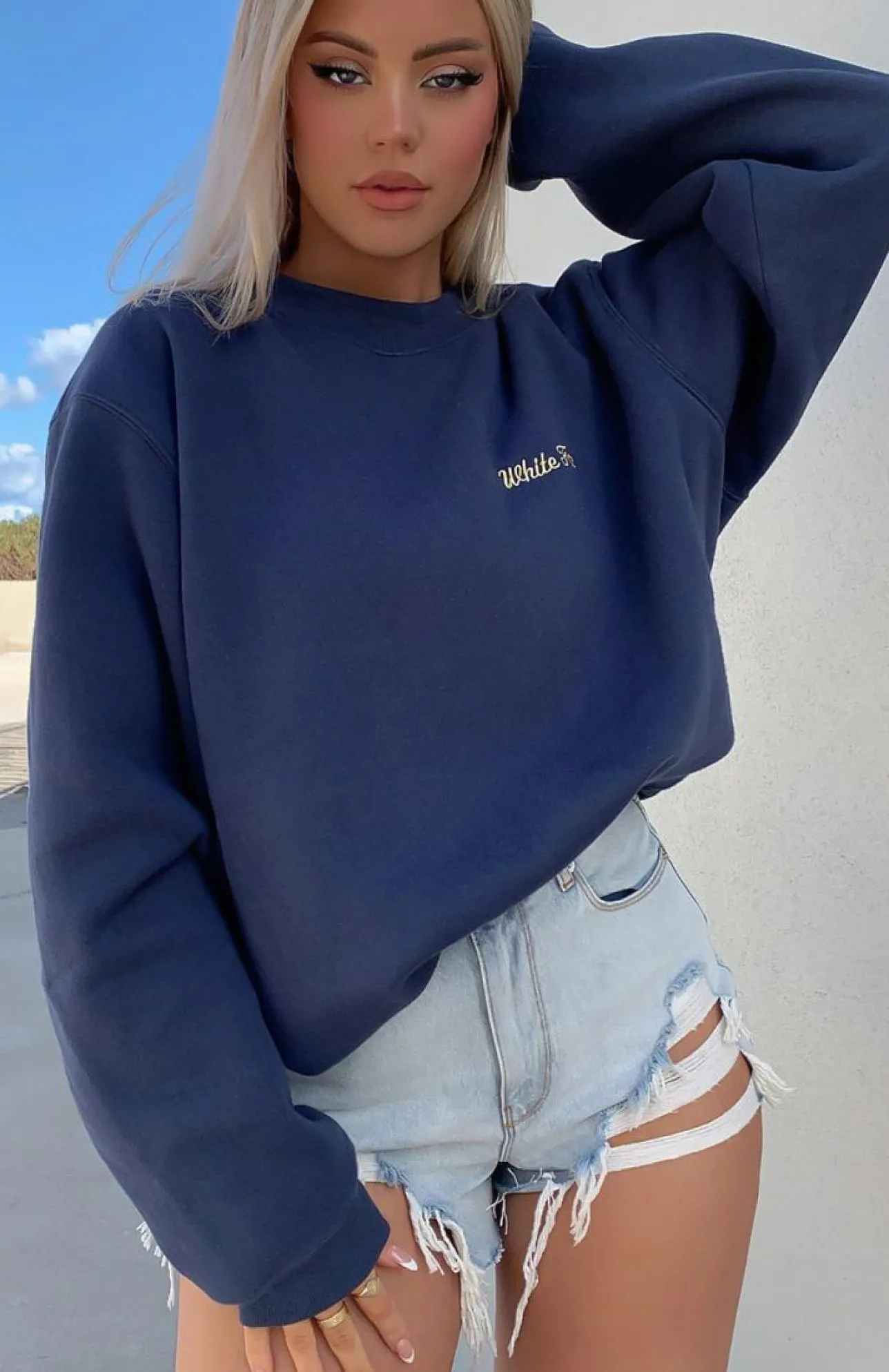 White Fox Boutique Steal Your Heart Oversized Sweater Navy blue Flash Sale
