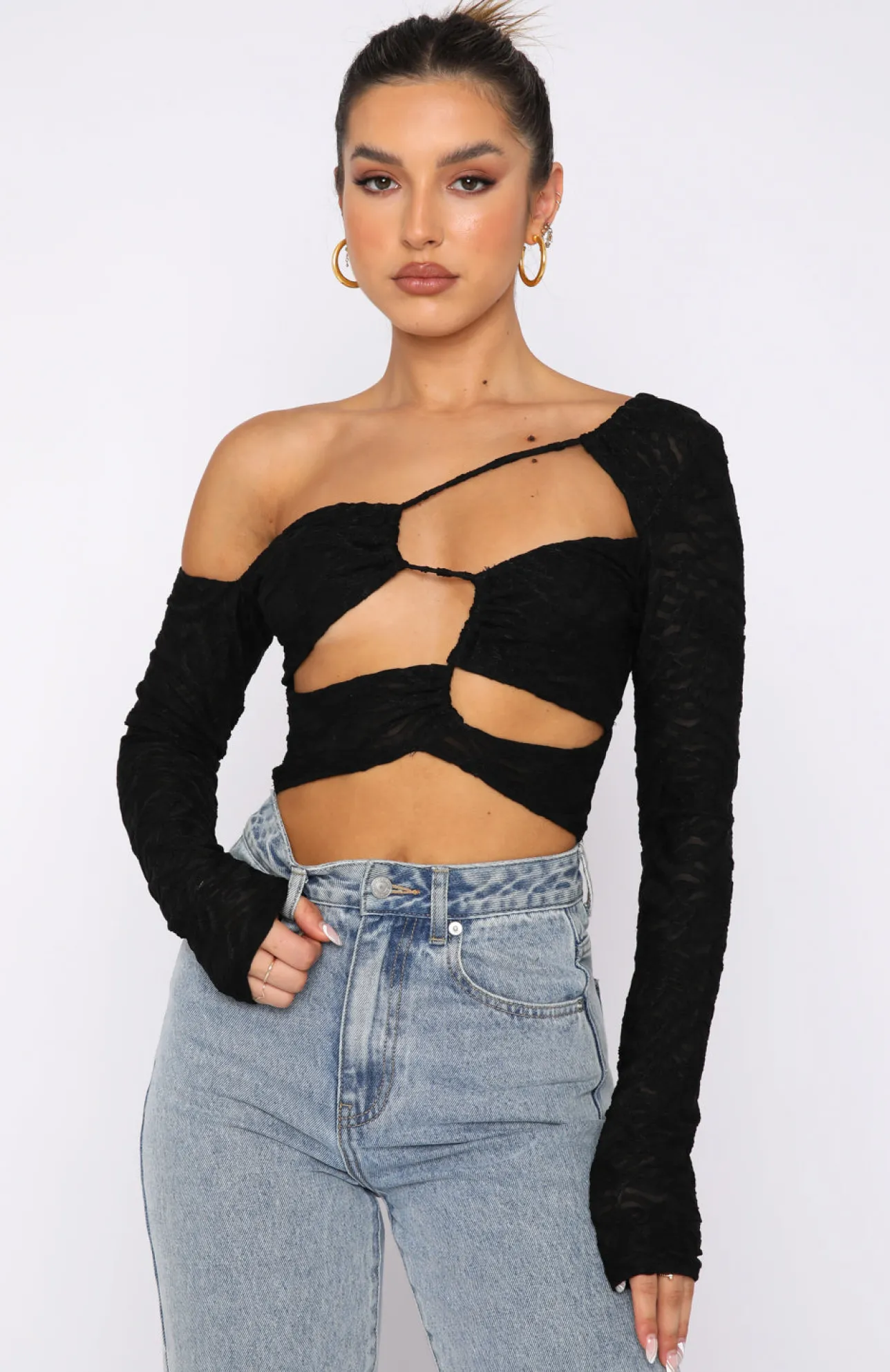 White Fox Boutique Step Aside Long Sleeve Crop black New