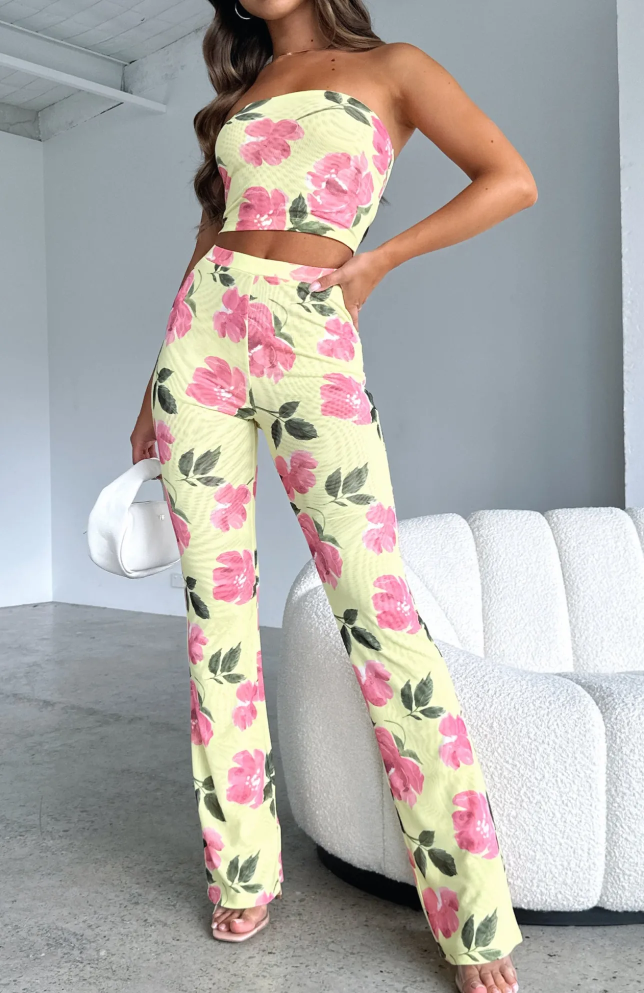White Fox Boutique Summer In The City Pants Lemon Rose yellow Clearance