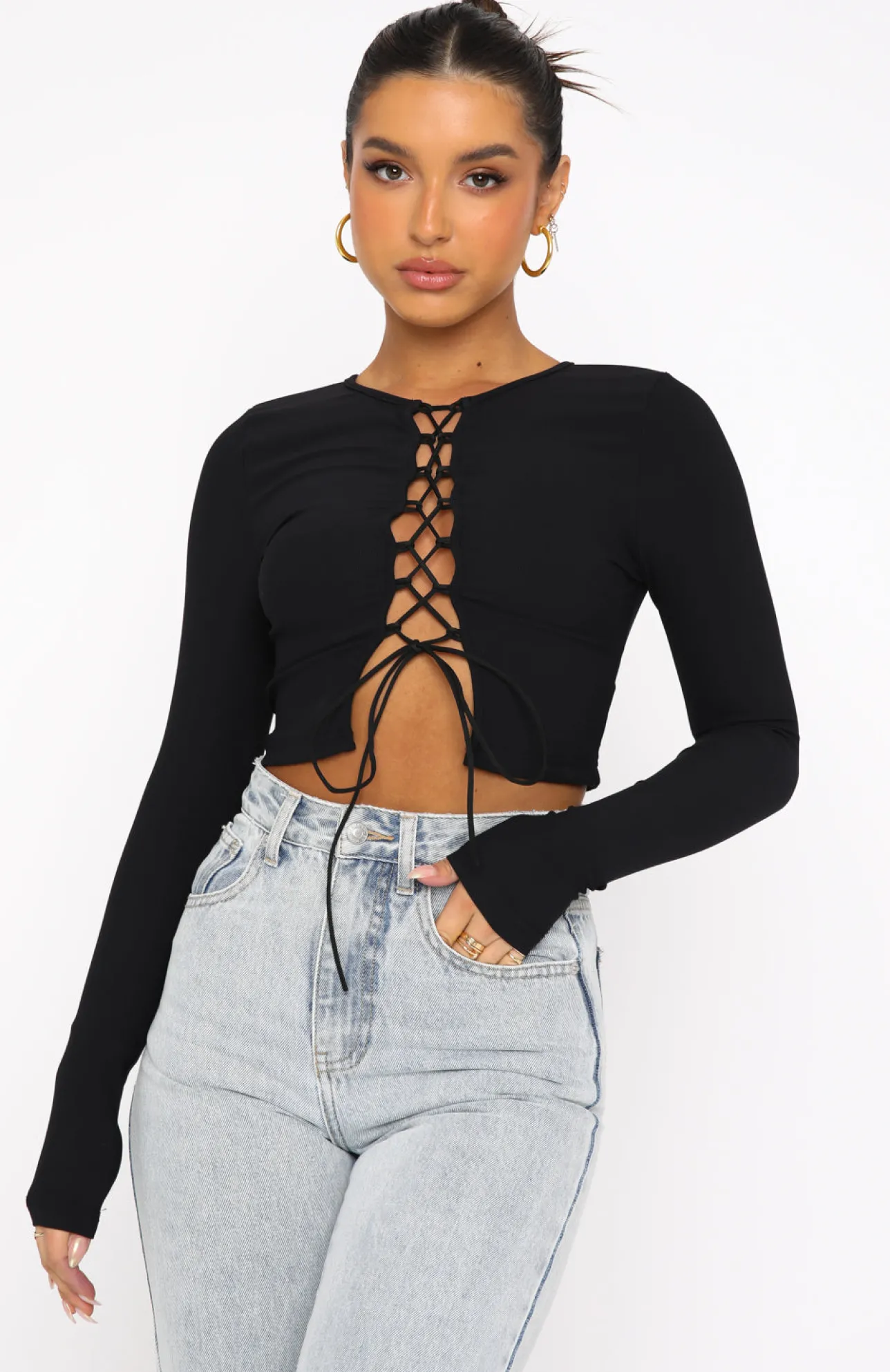 White Fox Boutique Take A Shot Ribbed Long Sleeve Crop black Store