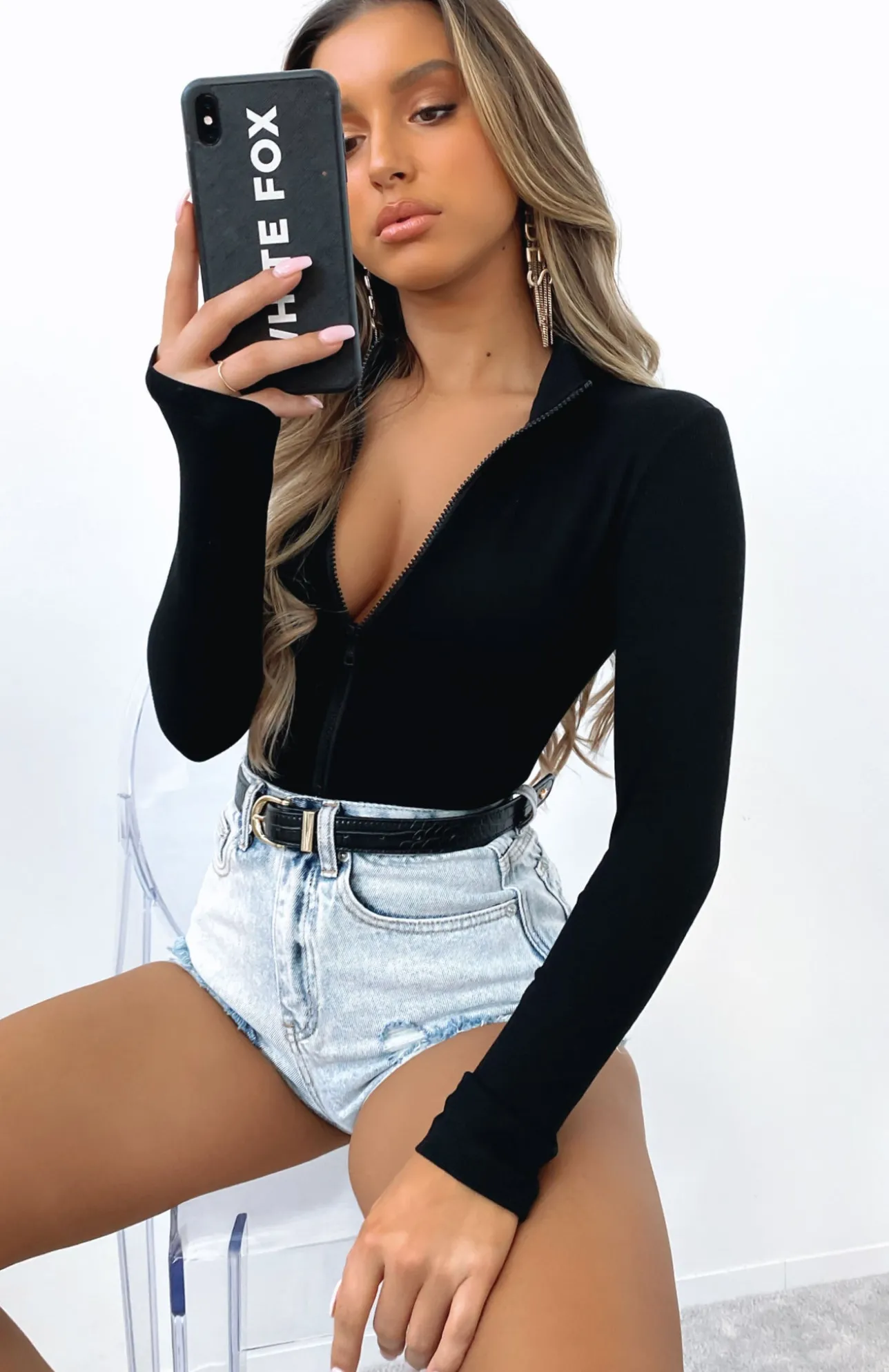 White Fox Boutique Take A Walk Long Sleeve Ribbed Bodysuit black Sale