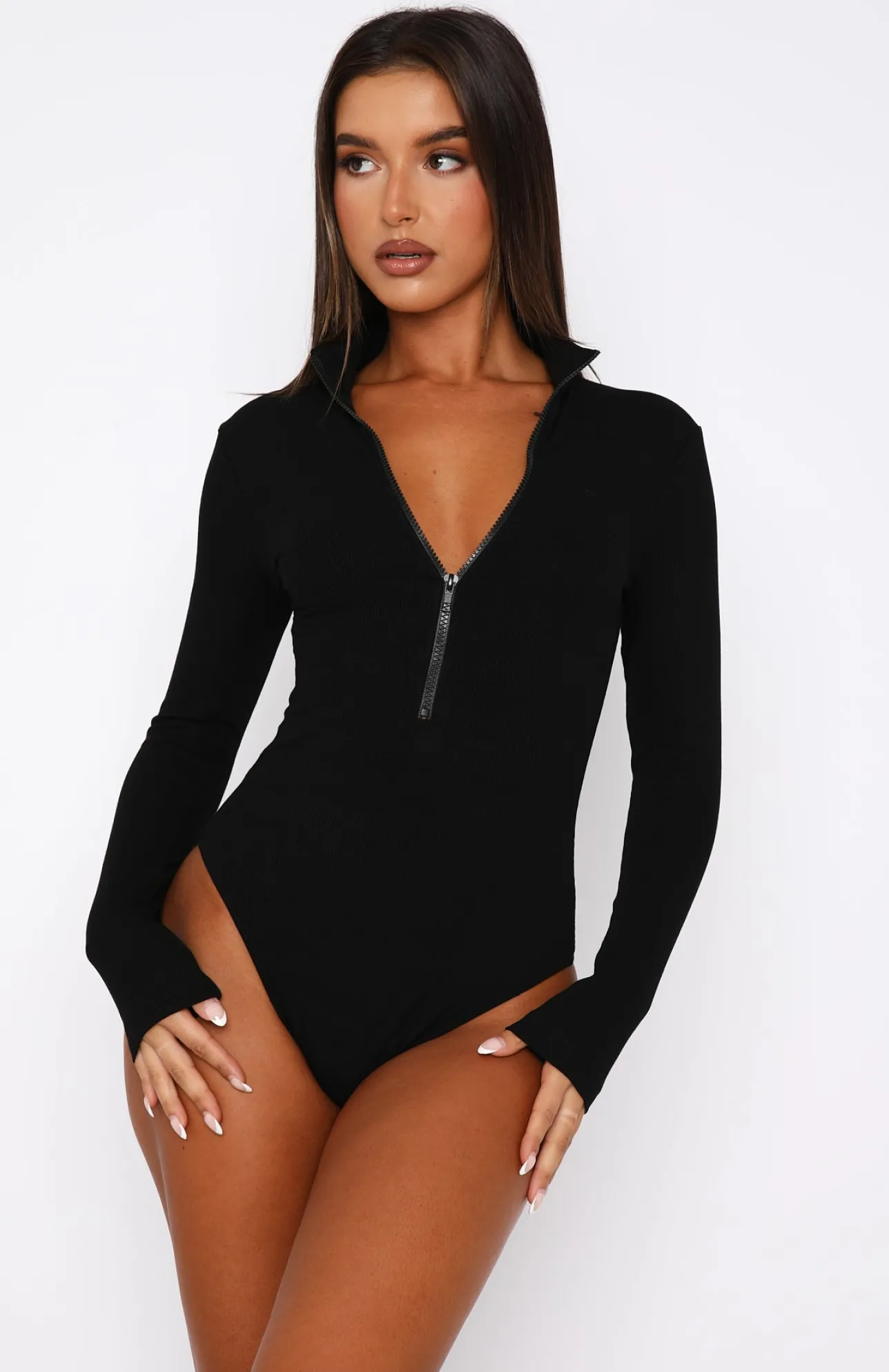 White Fox Boutique Take A Walk Long Sleeve Ribbed Bodysuit black Sale