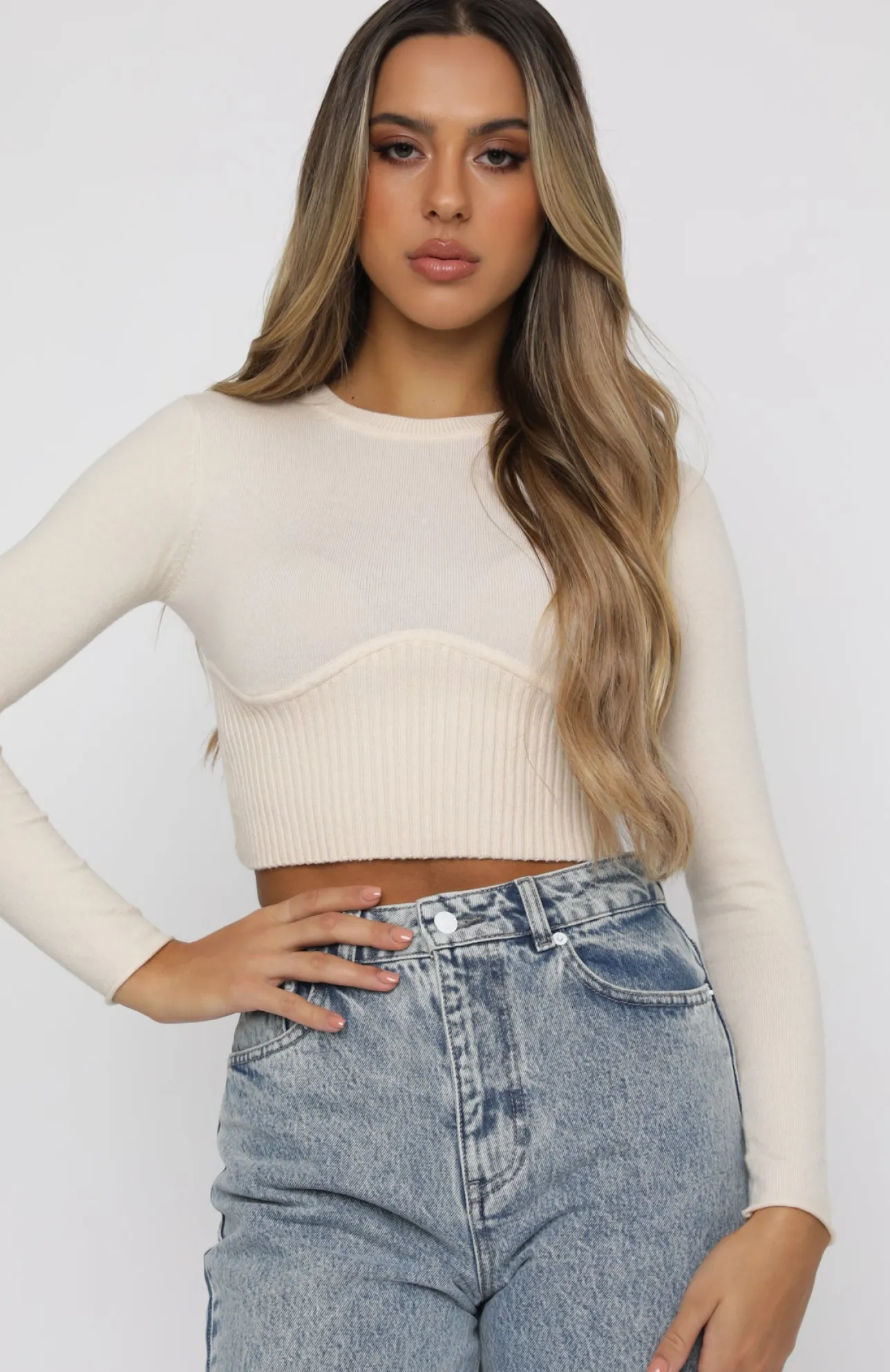 White Fox Boutique Take Me Higher Long Sleeve Crop Beige nude Online