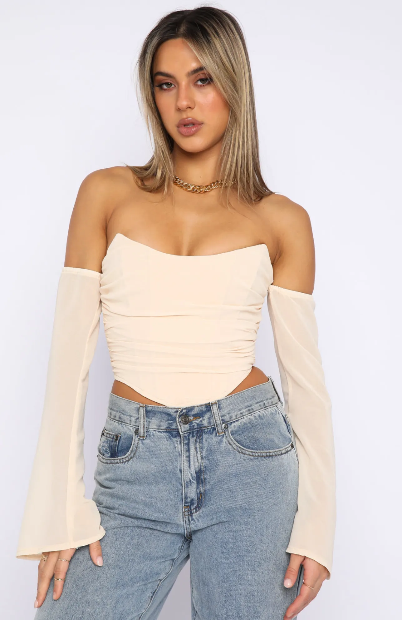 White Fox Boutique Take Me Somewhere Long Sleeve Bustier Stone nude Flash Sale