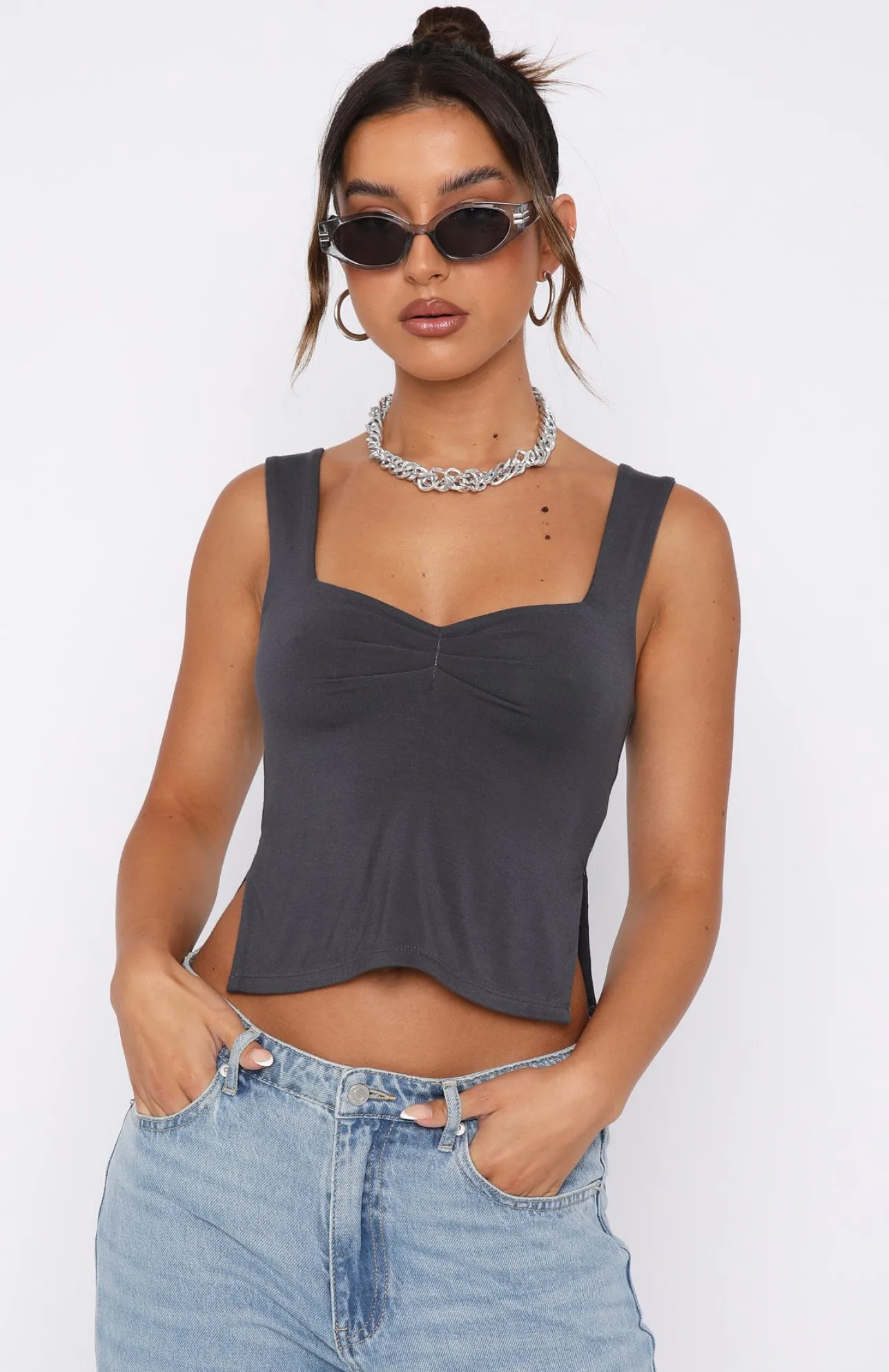 White Fox Boutique Taking Off Top Charcoal grey Discount