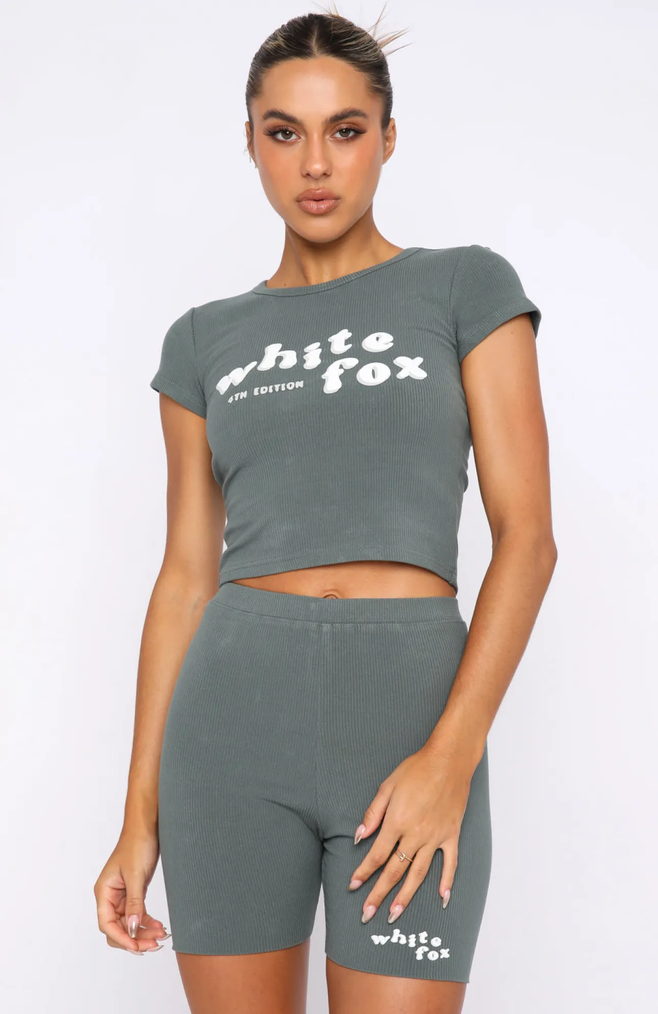 White Fox Boutique 4th Edition Ribbed Baby Tee Petrol green Flash Sale