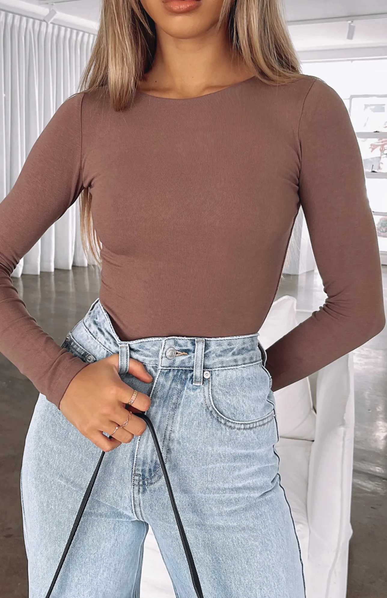 White Fox Boutique The Come Back Long Sleeve Bodysuit Mocha brown Shop