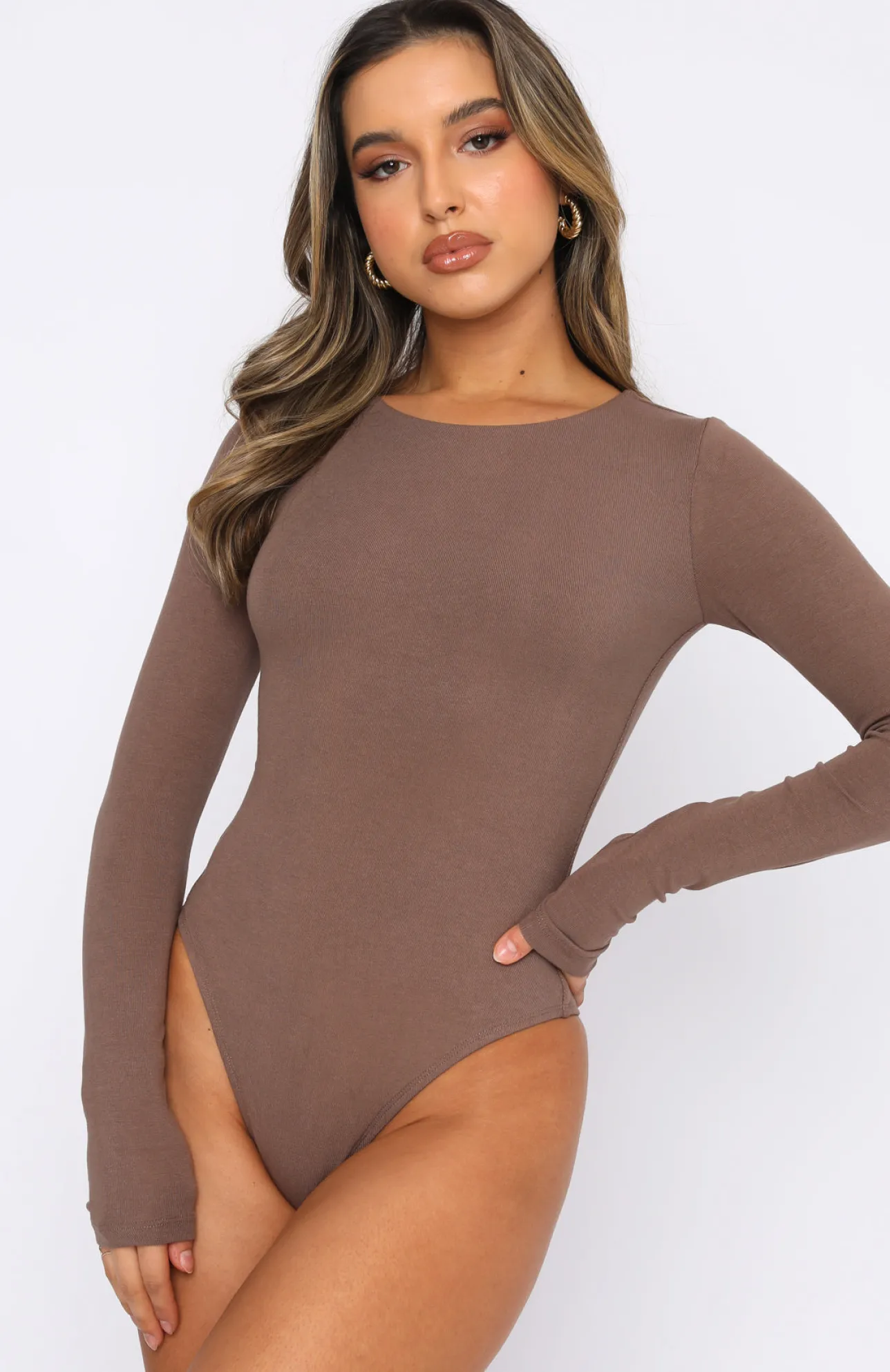 White Fox Boutique The Come Back Long Sleeve Bodysuit Mocha brown Shop