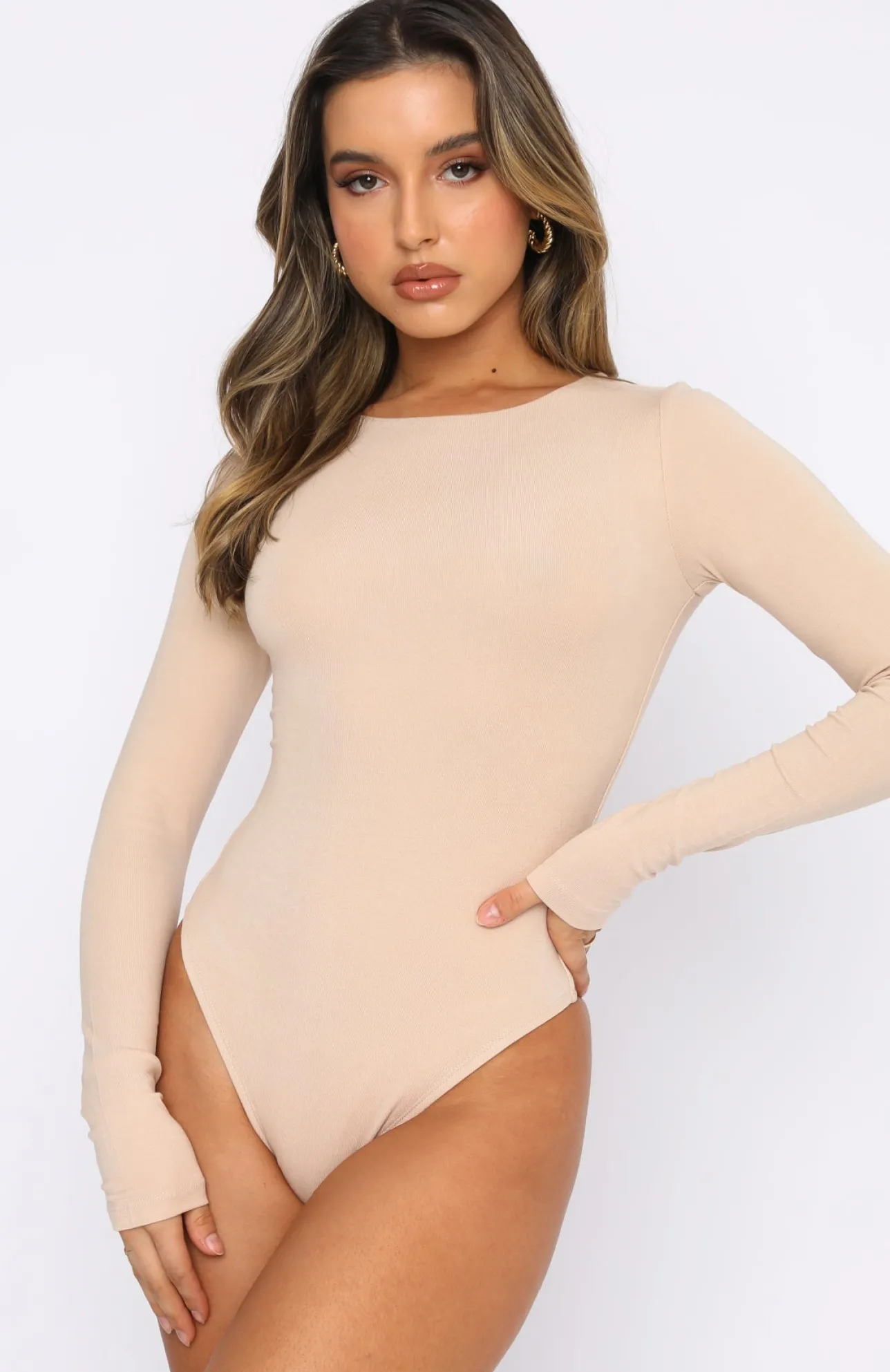 White Fox Boutique The Come Back Long Sleeve Bodysuit Stone nude Online