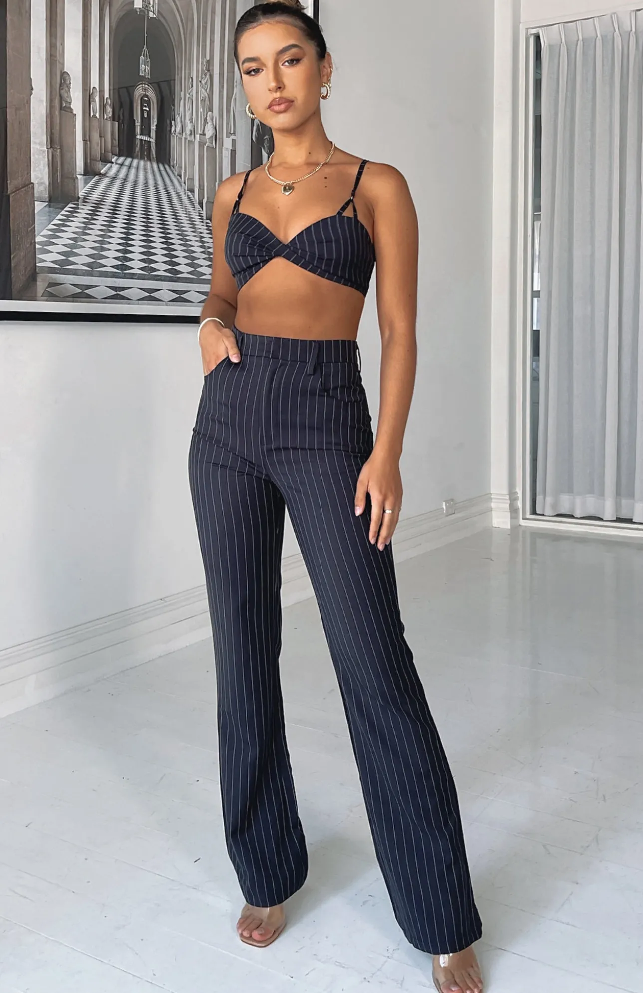 White Fox Boutique There She Goes Pants Navy Pinstripe blue Clearance