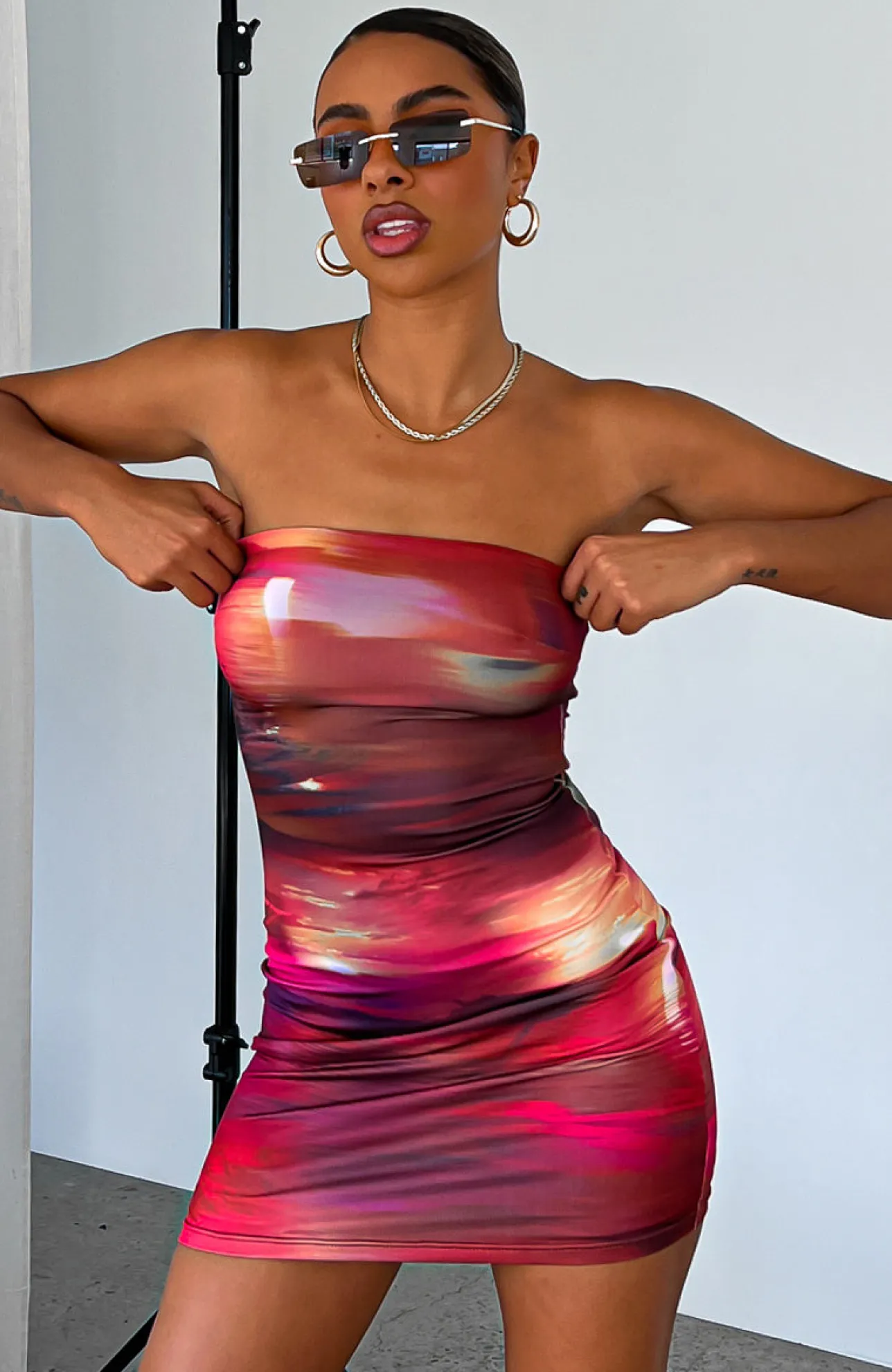 White Fox Boutique Top Of My Game Strapless Mini Dress Flashing Lights Print red Cheap