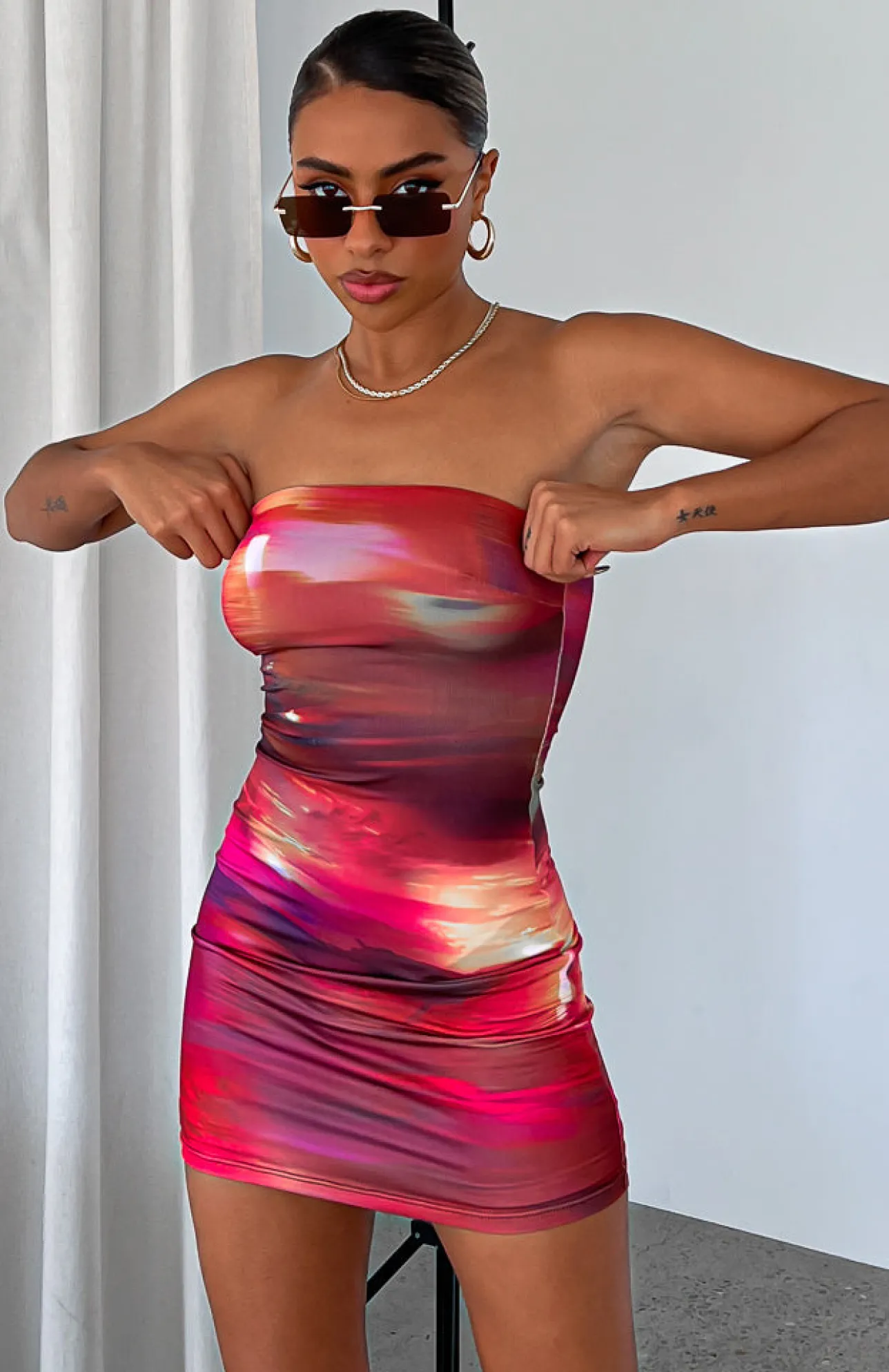 White Fox Boutique Top Of My Game Strapless Mini Dress Flashing Lights Print red Cheap