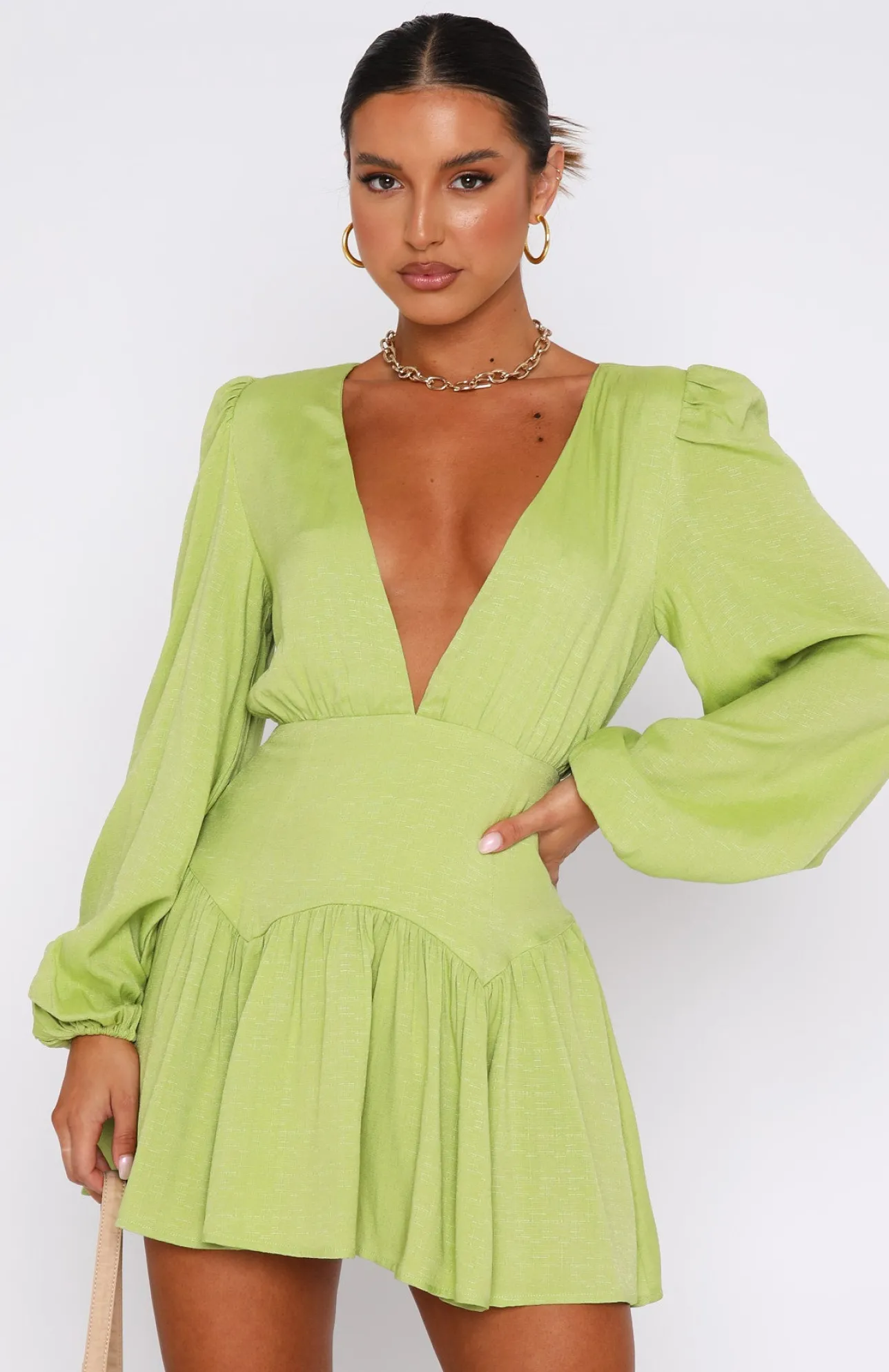 White Fox Boutique True To You Long Sleeve Mini Dress Matcha green Outlet