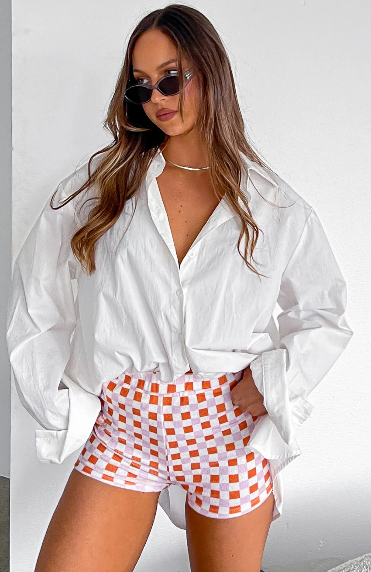 White Fox Boutique Tulum Vacay Mini Shorts Check orange Flash Sale