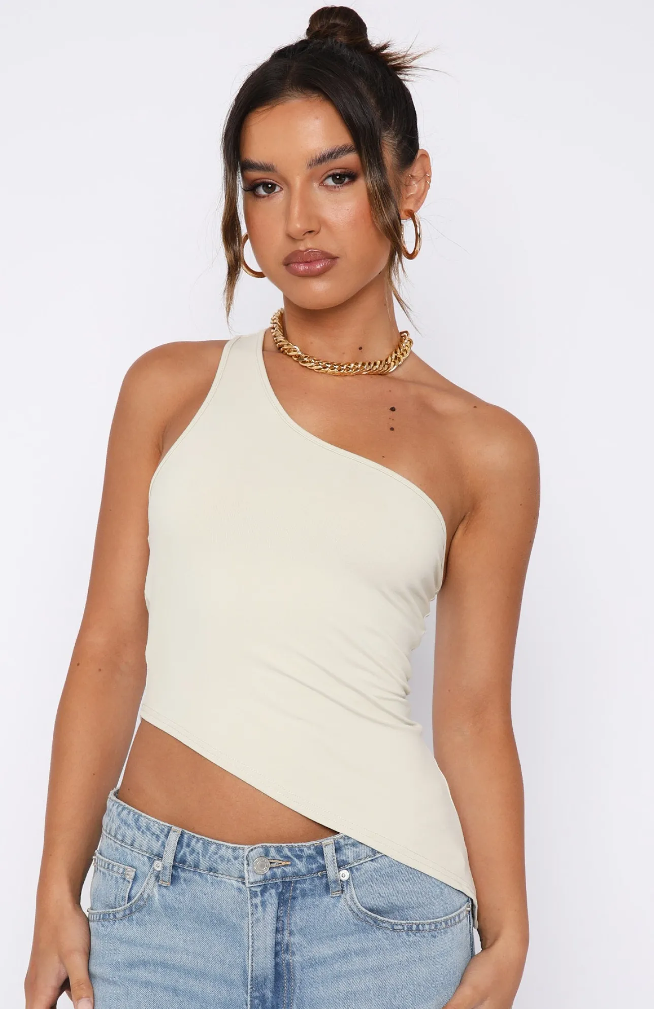 White Fox Boutique Up For The Chase One Shoulder Top Stone nude Outlet