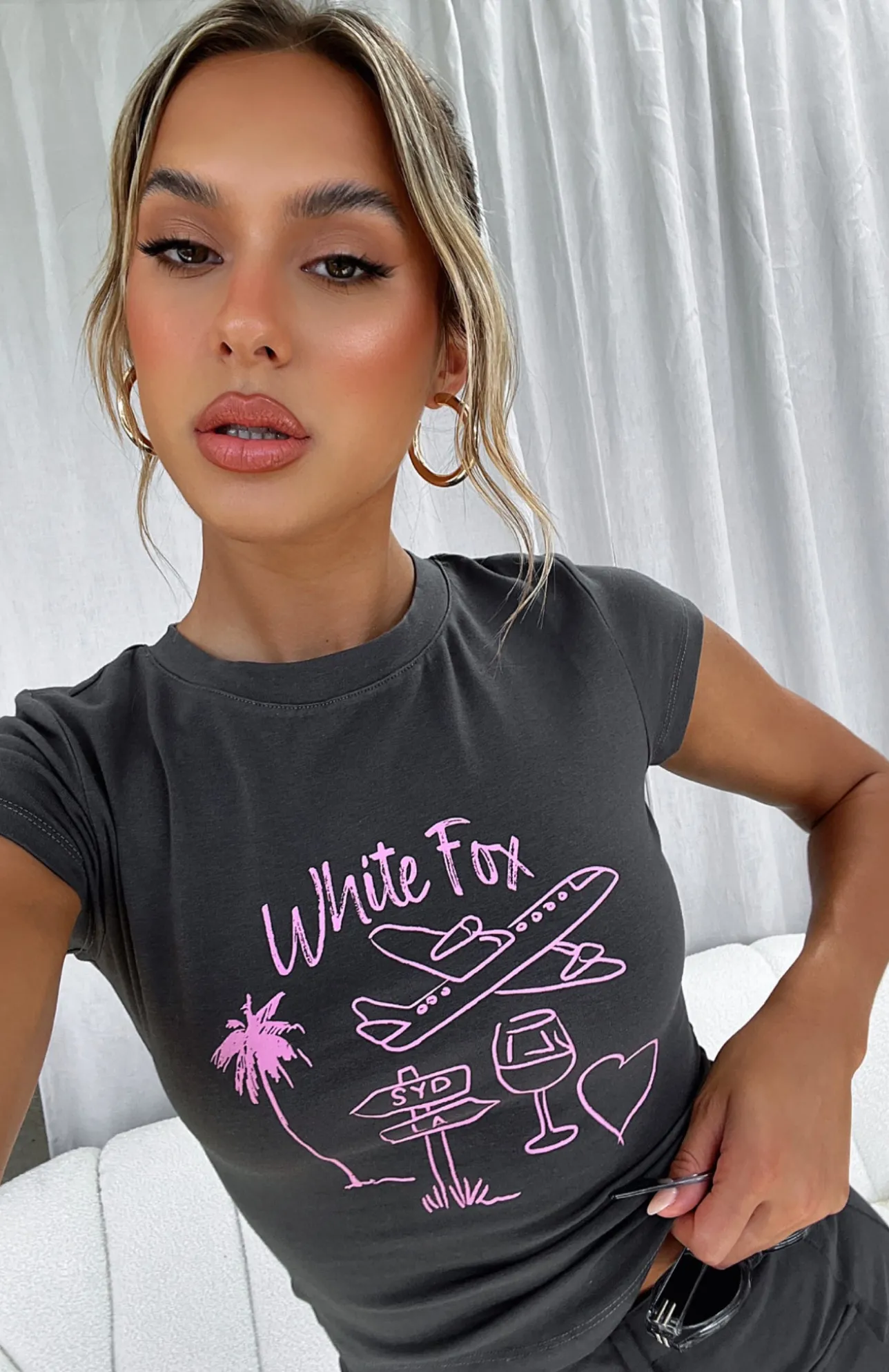White Fox Boutique Vacay Pending Baby Tee Charcoal grey Discount