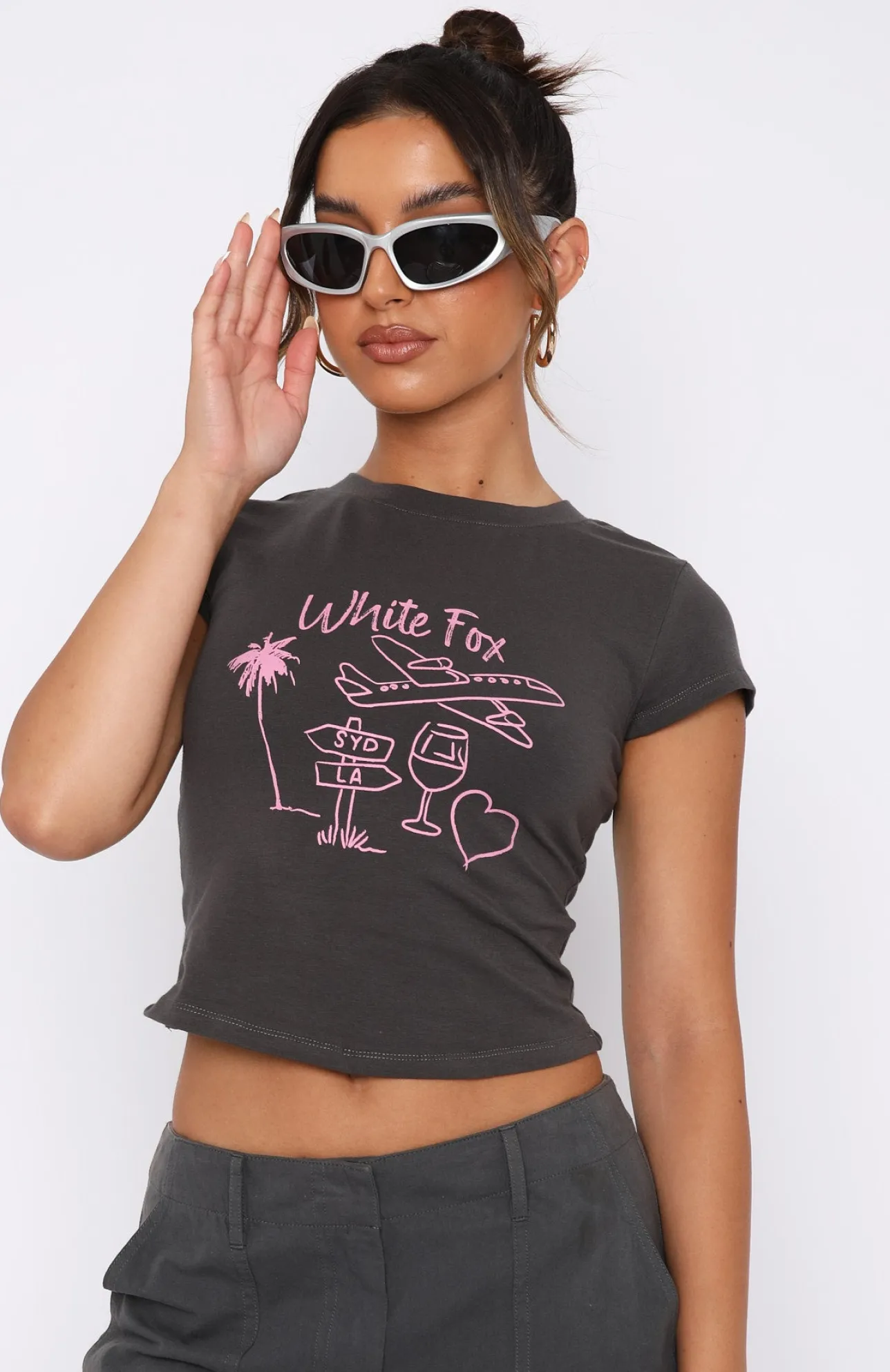 White Fox Boutique Vacay Pending Baby Tee Charcoal grey Discount