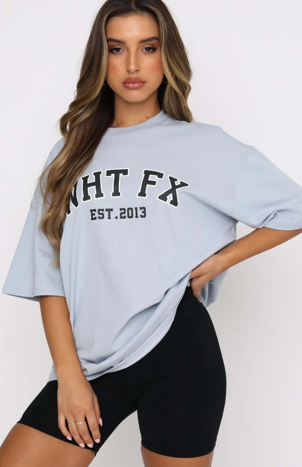White Fox Boutique Varsity Tee Dusty blue Best Sale