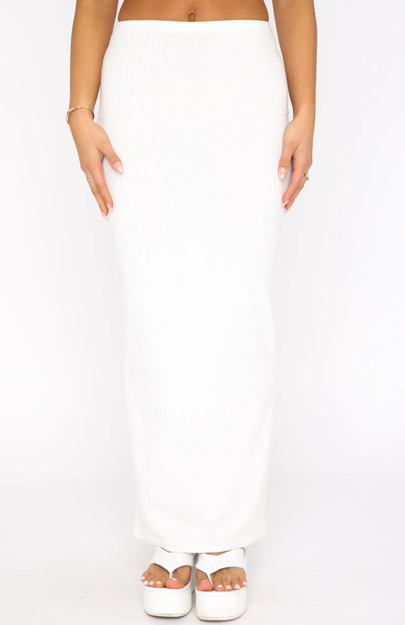 White Fox Boutique Walk Behind Me Ribbed Maxi Skirt white Hot