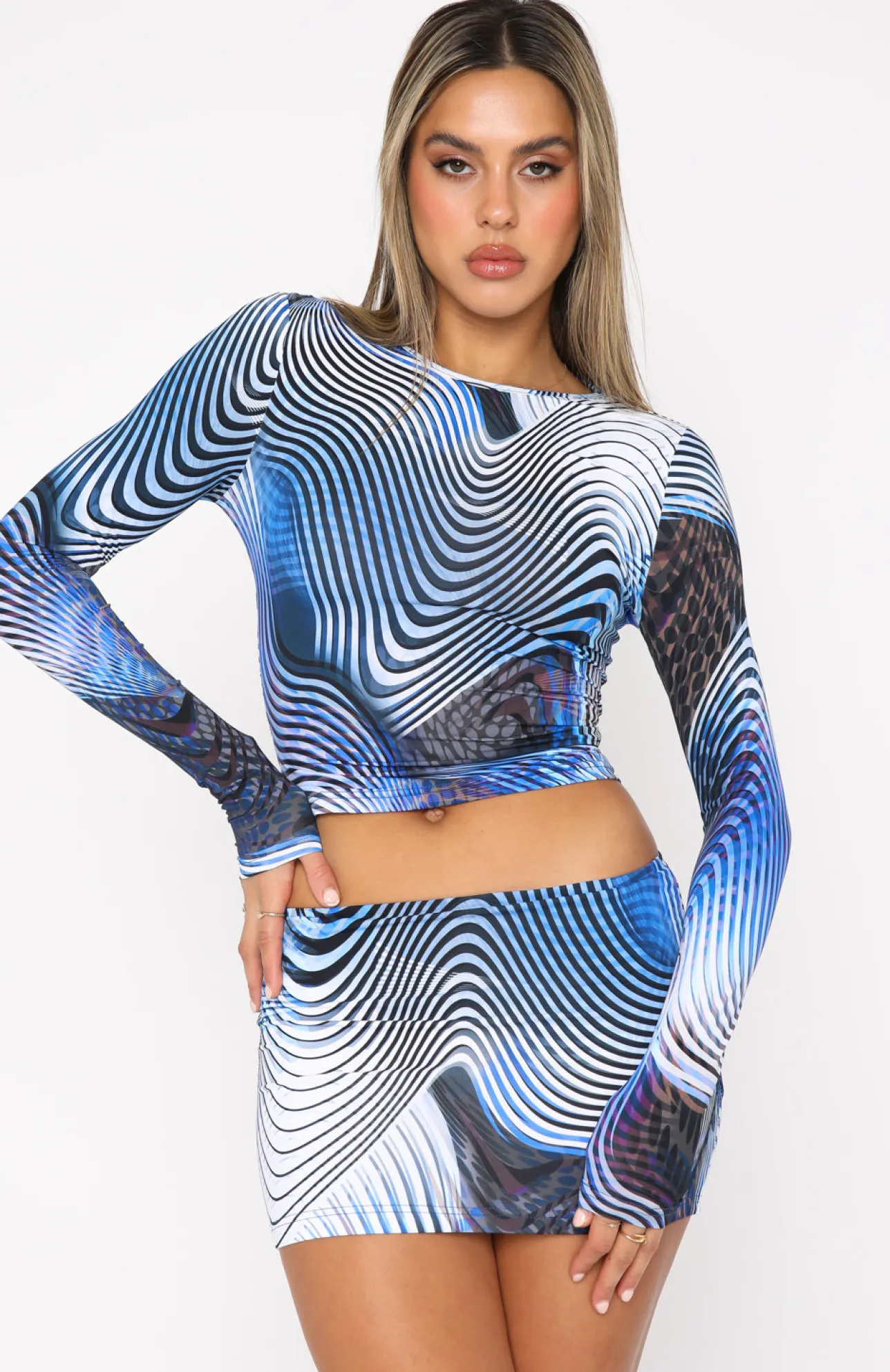 White Fox Boutique Working On Me Long Sleeve Crop Illusion blue Hot