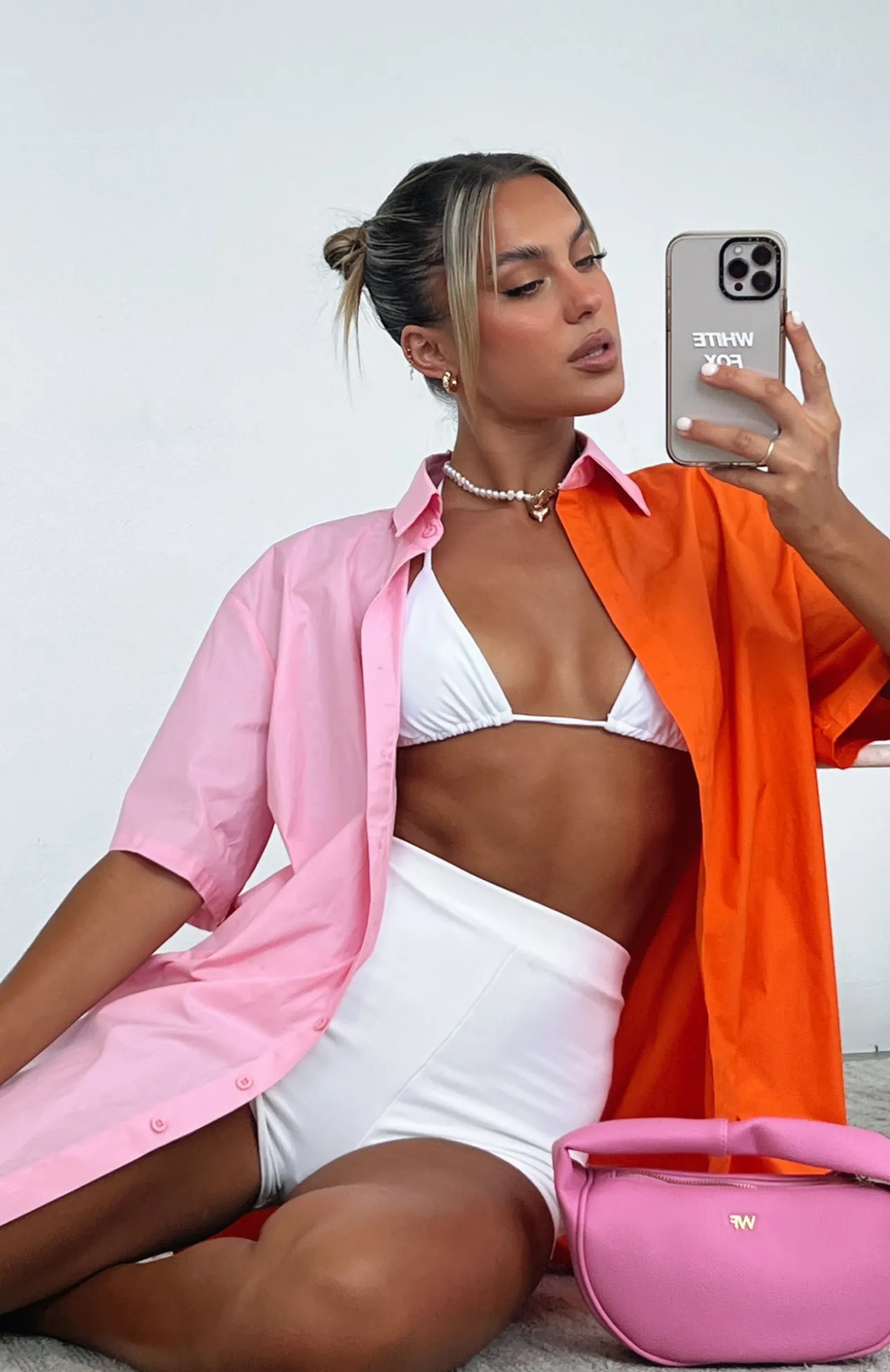 White Fox Boutique Worth Your Time Button Up Shirt & Pink Splice orange Store