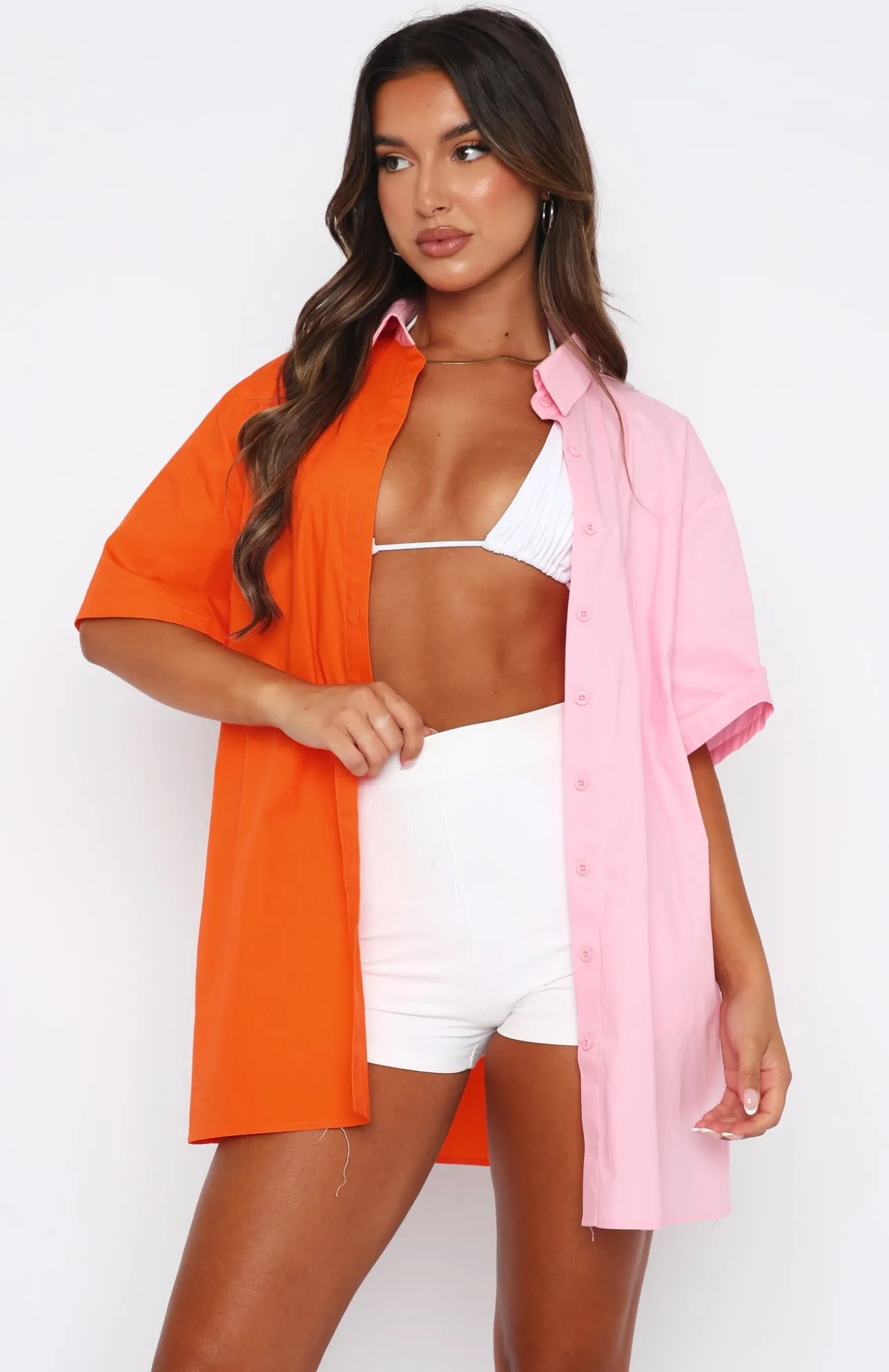 White Fox Boutique Worth Your Time Button Up Shirt & Pink Splice orange Store