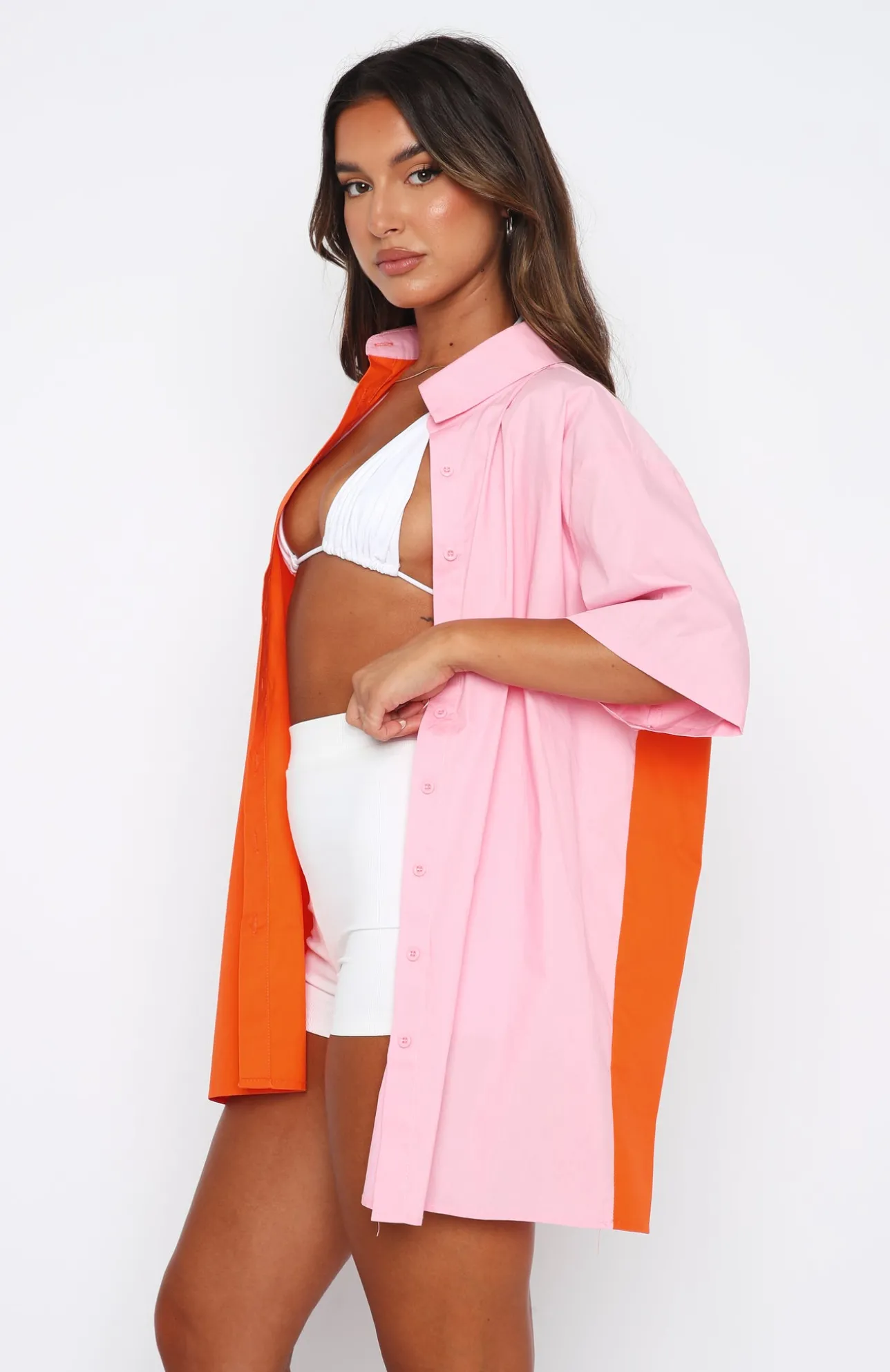 White Fox Boutique Worth Your Time Button Up Shirt & Pink Splice orange Store