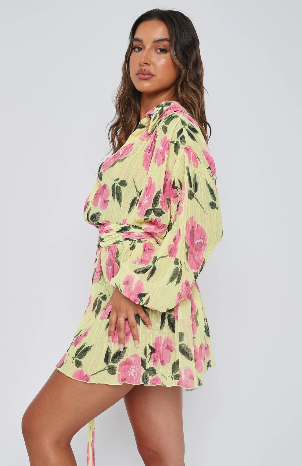 White Fox Boutique You Drive Me Crazy Long Sleeve Mini Dress Lemon Rose yellow Cheap