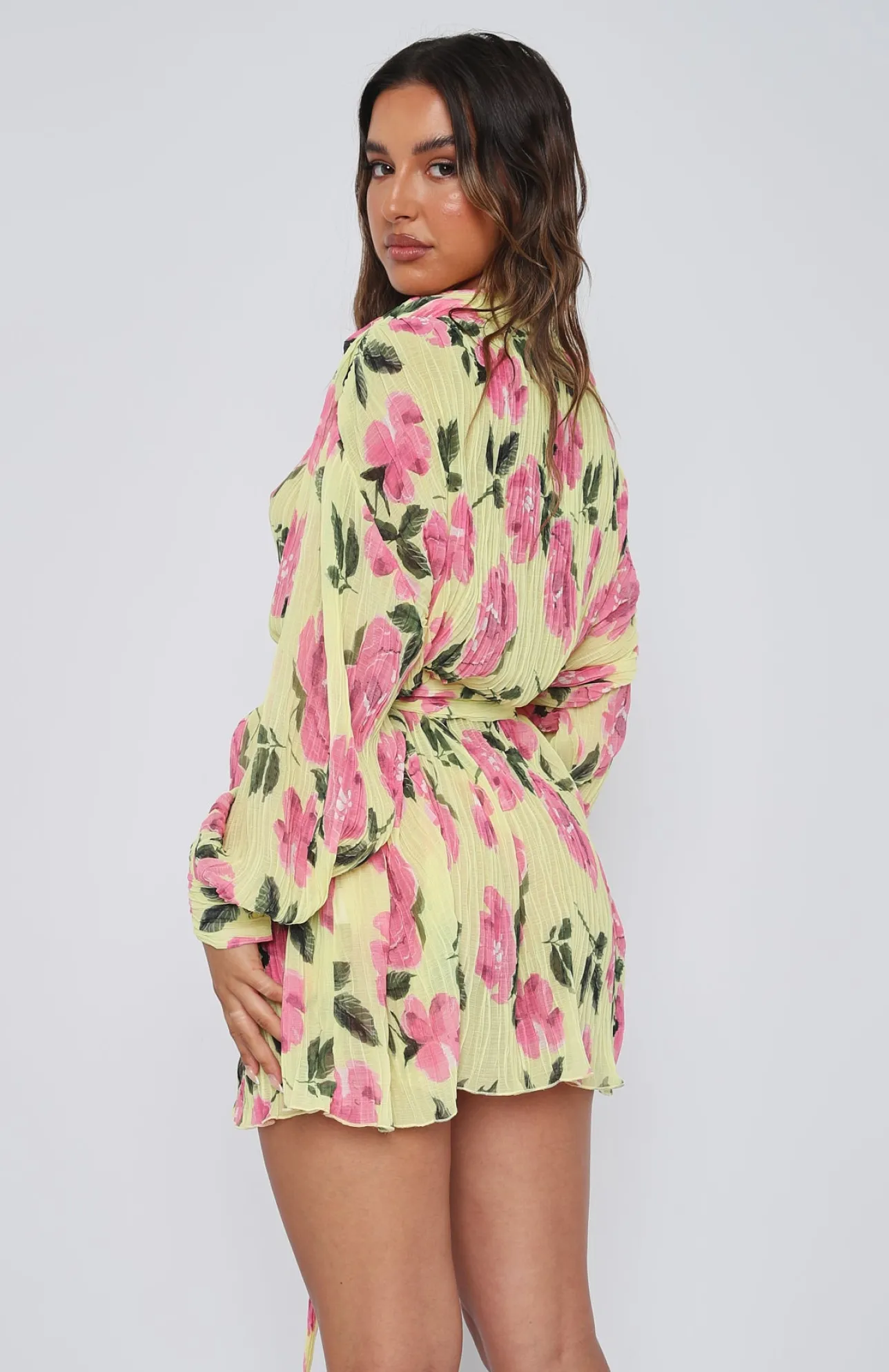 White Fox Boutique You Drive Me Crazy Long Sleeve Mini Dress Lemon Rose yellow Cheap